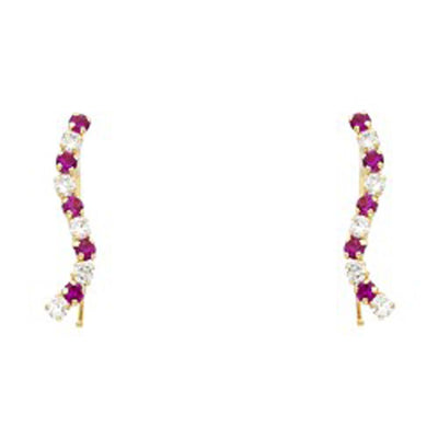 14K Yellow Gold Red and White CZ Hanging Earrings