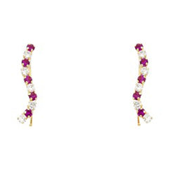 14K Yellow Gold Red and White CZ Hanging Earrings