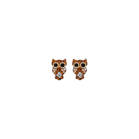 14K Yellow Gold OWL Stud CZ Earrings