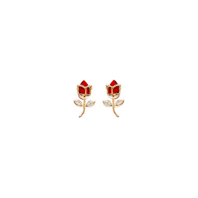 14K Yellow Gold Red Rose Stud Earrings
