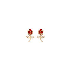 14K Yellow Gold Red Rose Stud Earrings