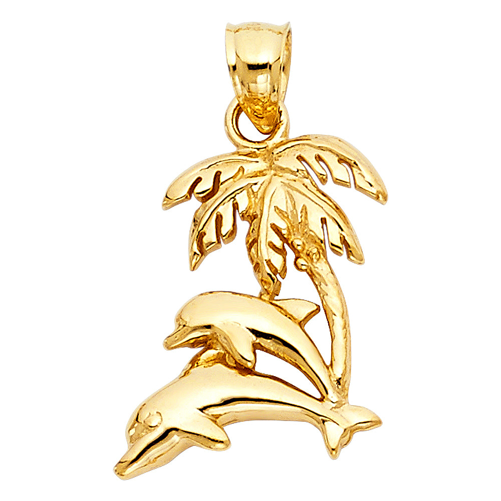 14K Yellow Gold 17mm Dolphin with Palm Tree Pendant