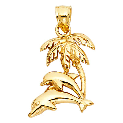14K Yellow Gold 17mm Dolphin with Palm Tree Pendant