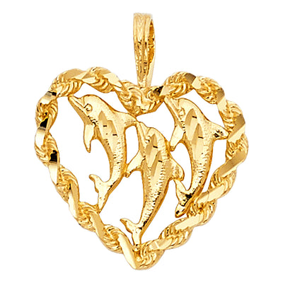 14K Yellow Gold 17mm Heart with Dolphin Pendant