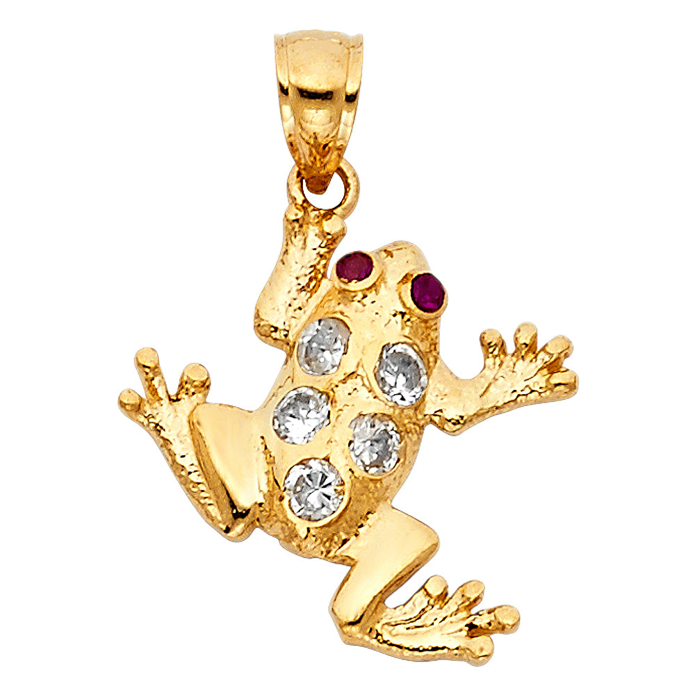 14K Yellow Gold 20mm CZ Frog Pendant