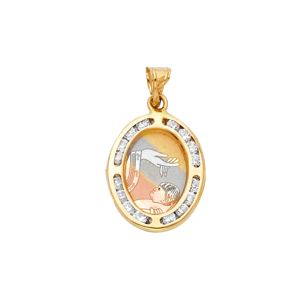 14K Yellow Gold 13mm Baptism CZ Religious Pendant