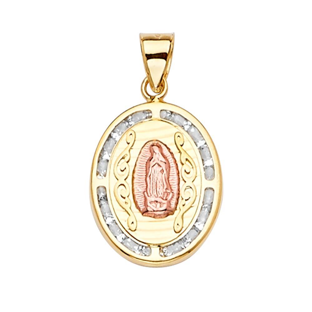 14K Tri Color 14mm CZ Guadalupe Medal Pendant - silverdepot