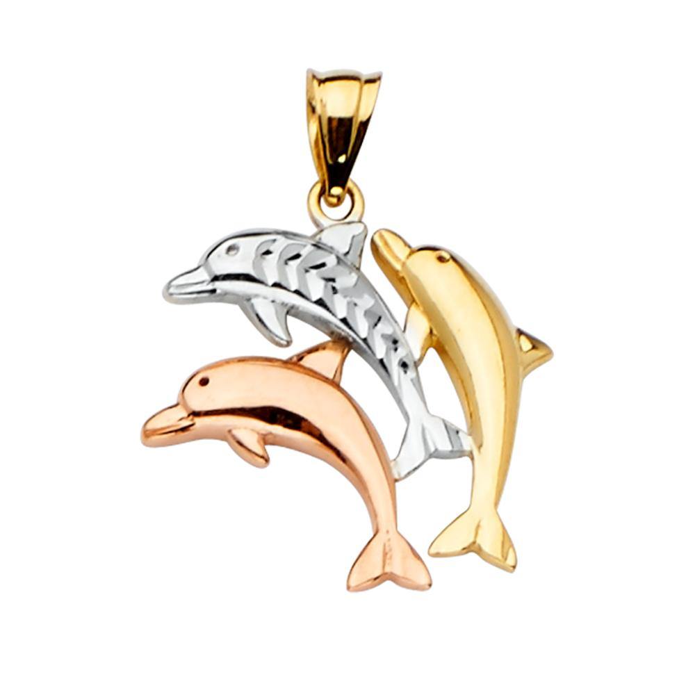 14K Tri Color 17mm Dolphin Pendant