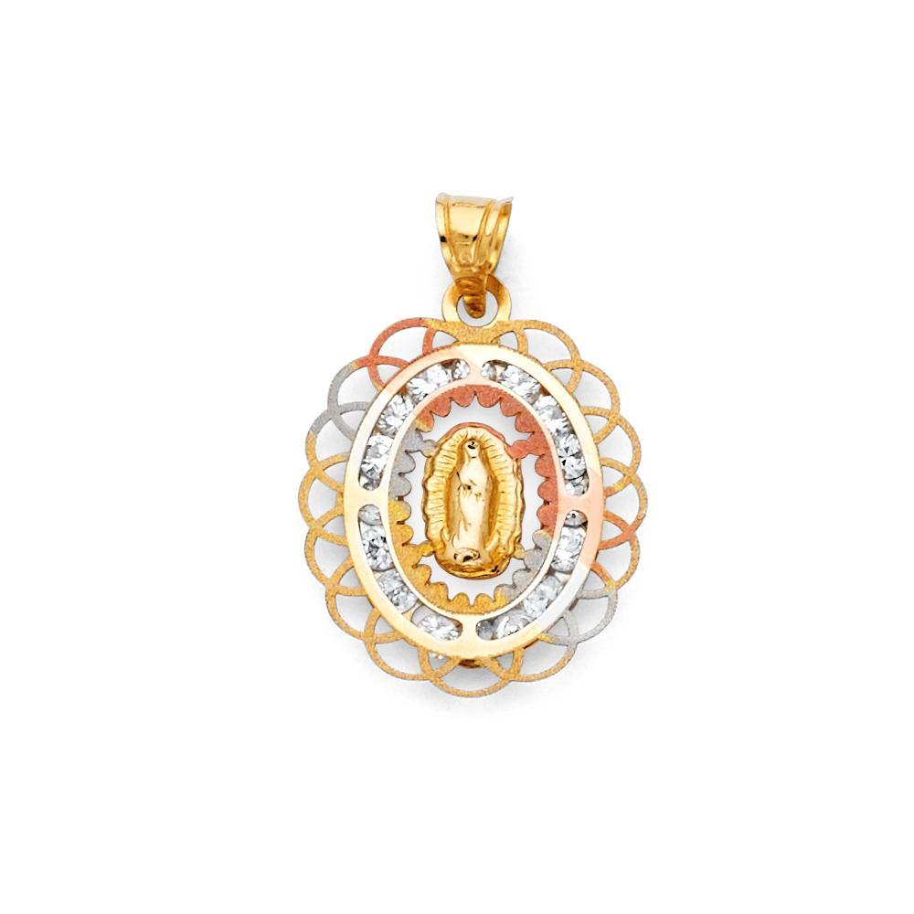 14K Tri Color 15mm Guadalupe CZ Religious Pendant - silverdepot