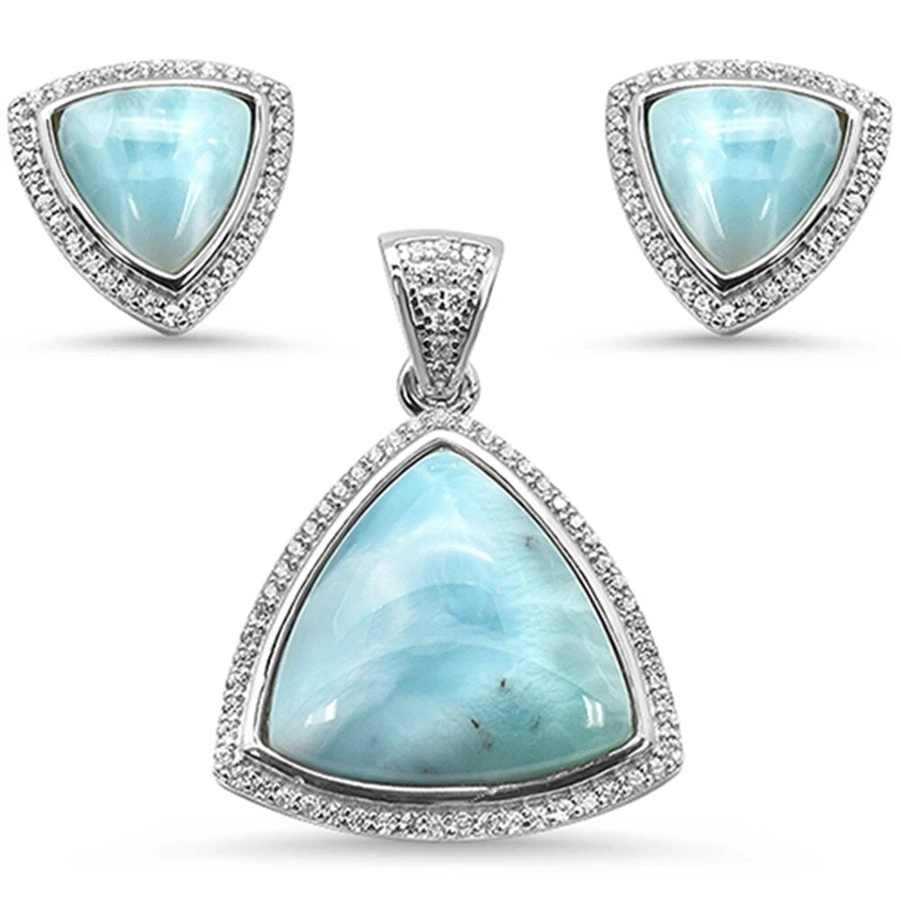 Sterling Silver Natural Larimar And Cubic Zirconia Trillion Shape Pendant And Earring Set