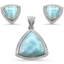 Load image into Gallery viewer, Sterling Silver Natural Larimar And Cubic Zirconia Trillion Shape Pendant And Earring Set