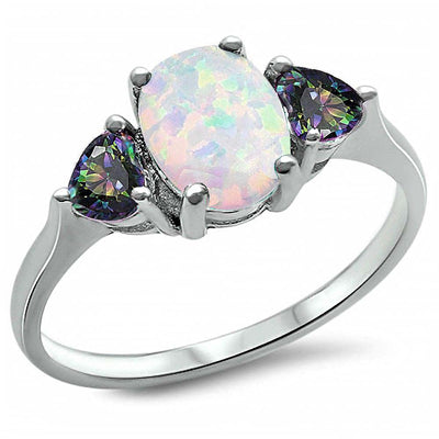 Sterling Silver White Opal & Rainbow Cz Ring with CZ stone