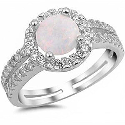 Sterling Silver White Opal and White Cubic Zirconia Ring  With CZ Stones