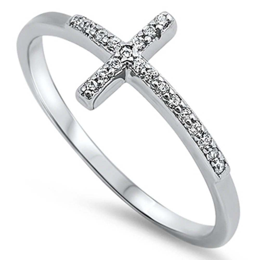 Sterling Silver Hot Trend Sideways Cross Cubic Zirconia RingAnd Width 10mm