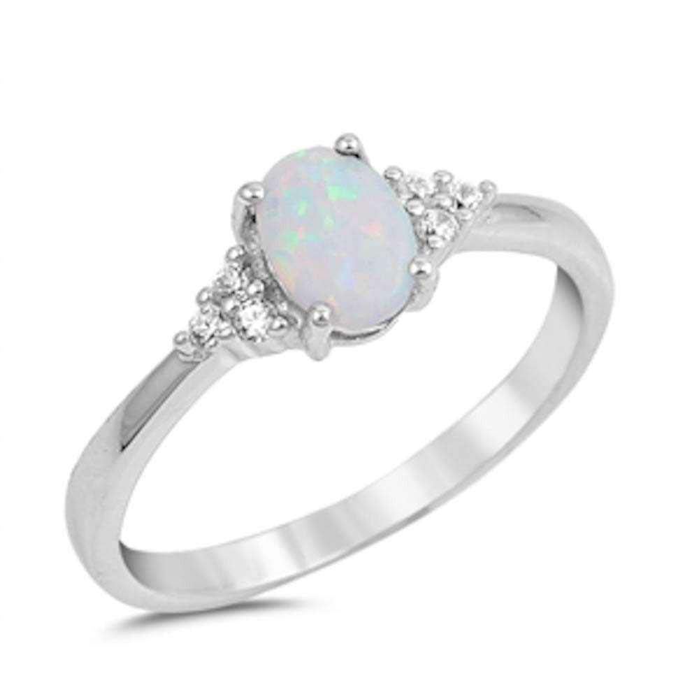 Sterling Silver Oval White Opal & Round Cz Ring with CZ stone