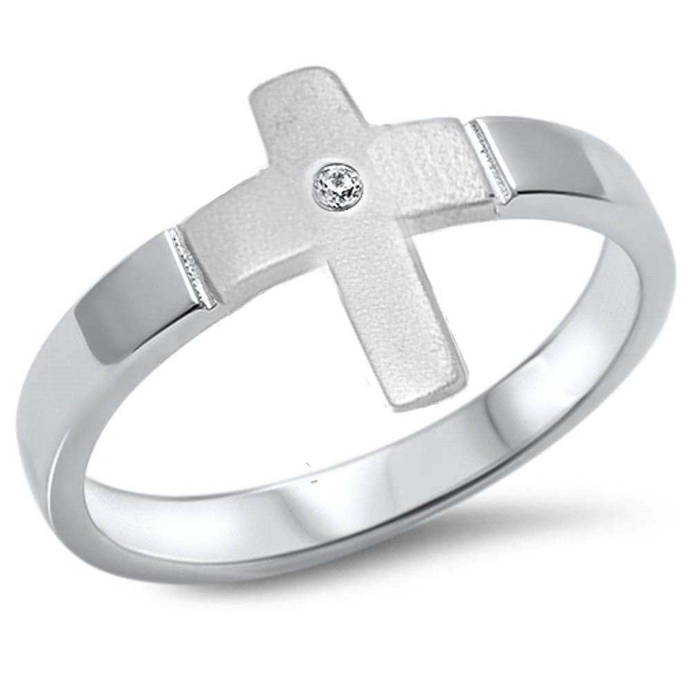 Sterling Silver Sideway Cross With Cubic Zirconia Ring Stones