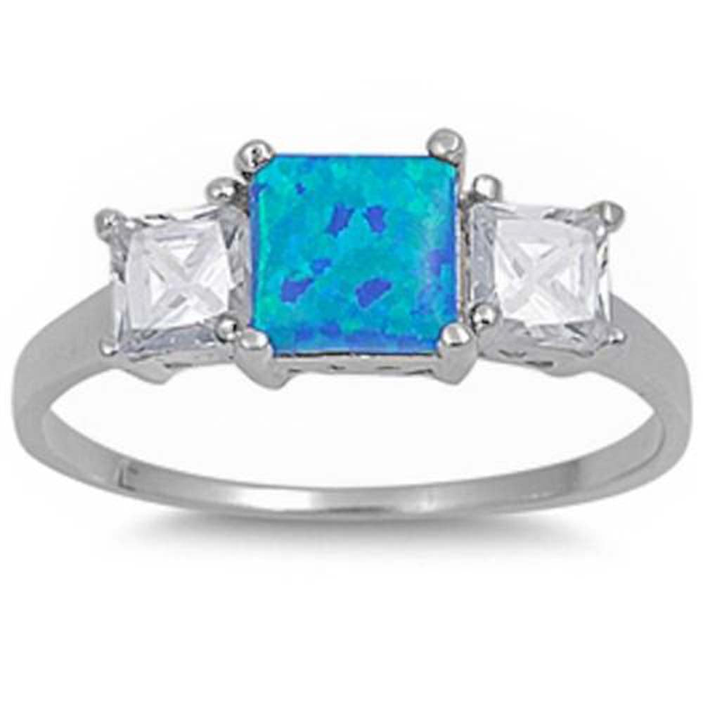Sterling Silver Blue Fire Opal & Cz Ring with CZ stone