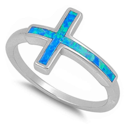 Sterling Silver Blue Fire Opal Sideways Cross Ring with CZ stone