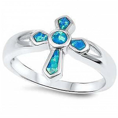 Sterling Silver Blue Opal Cross Ring with CZ stone