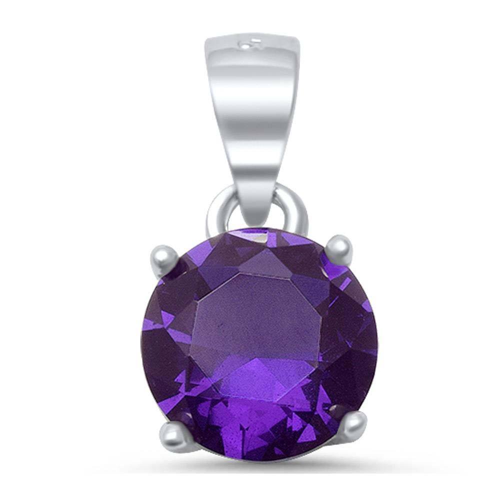 Sterling Silver Round Faceted Amethyst Solitaire PendantAnd Length 8mm