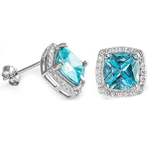 Sterling Silver Cushion Cut Aquamarine & Cubic Zirconia EarringAnd Thickness 11mm