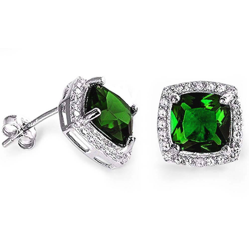 Sterling Silver Cushion Cut Green Emerald & Cubic Zirconia EarringsAnd Thickness 11mm