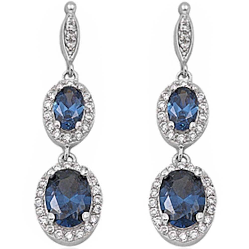 Sterling Silver Blue Sapphire & Cz Dangle Earrings