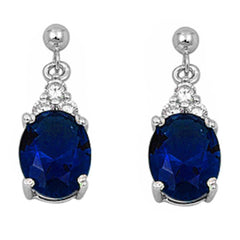 Sterling Silver Dangling Oval Blue Sapphire & Cz Earrings