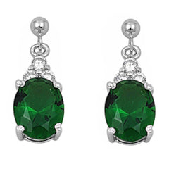 Sterling Silver Dangling Oval Emerald & Cz Earrings