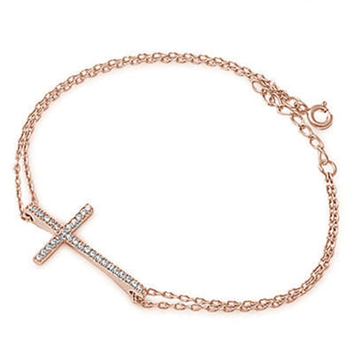 Sterling Silver Rose Gold Plated Sideways Cross Bracelet 5.5-6.5