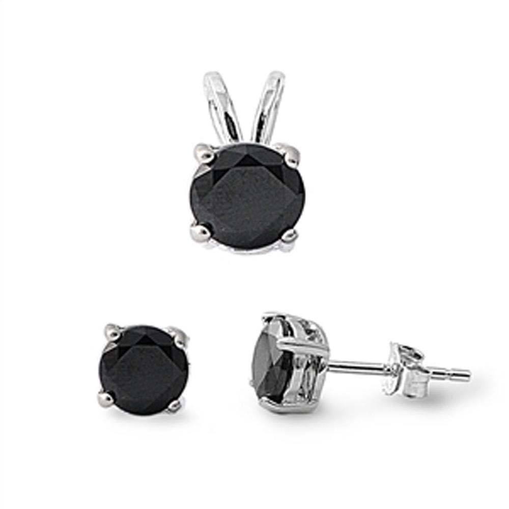 Sterling Silver Round Black Cubic Zirconia Pendant And Earrings