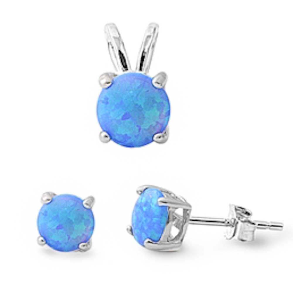 Sterling Silver Round Blue Opal Pendant And Earrings SetAnd Pendant Width 7mm