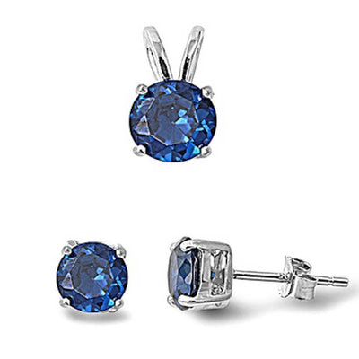 Sterling Silver Round Blue Sapphire Earring And Pendant Set And Pendant Length 7mmAnd Earring Thickness 6mm