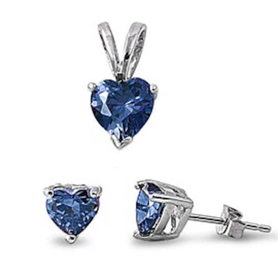 Sterling Silver Blue Sapphire Heart Earrings And Pendant Jewelry Set .925