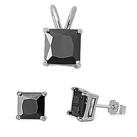 Sterling Silver Black CZ Pendant & Earring