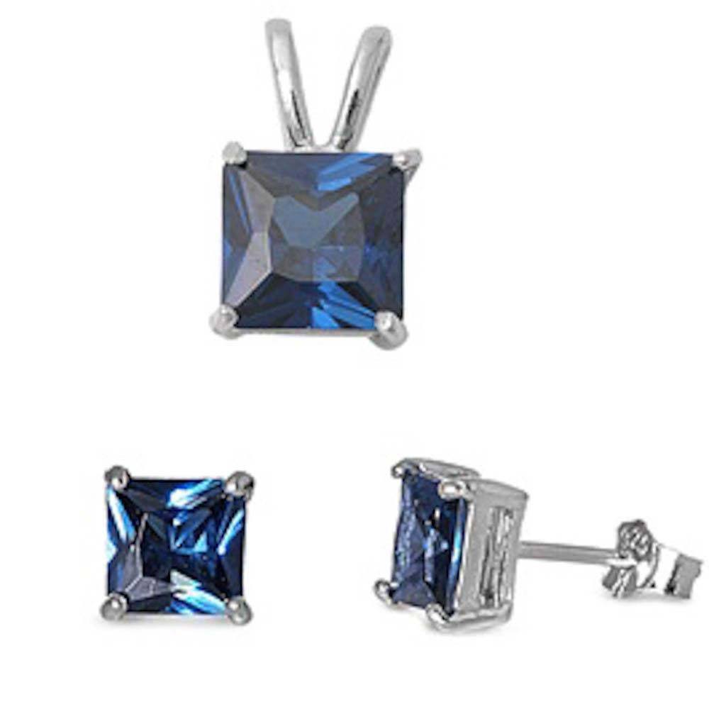 Sterling Silver Simulated Sapphire Cz Earrings And Pendant Set