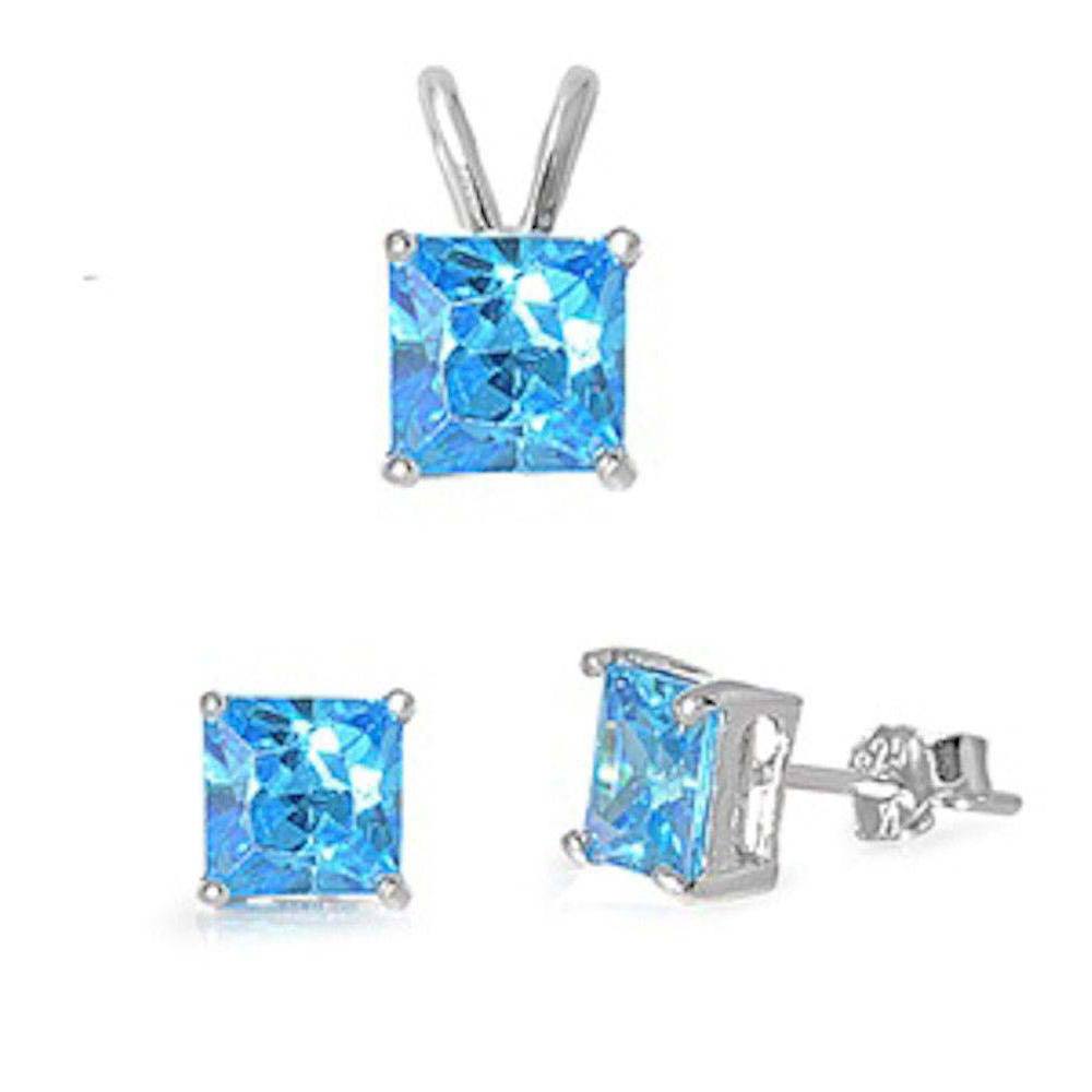 Sterling Silver Blue Topaz Cz Earrings And Pendant Set