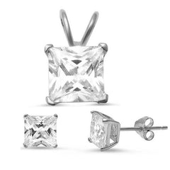 Sterling Silver Clear CZ Earrings And Pendant Set And Pendant Length 8x8mmAnd Earring Thickness 6x6mm