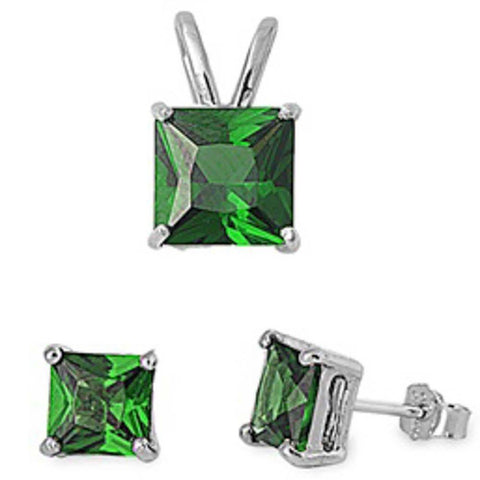 Sterling Silver Emerald Cz Earrings And Pendant Set