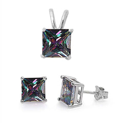 Sterling Silver Rainbow Colored Cz Earring And Pendant Set