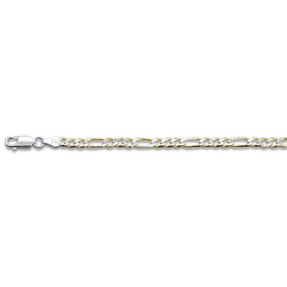 Sterling Silver Yellow Gold Plated Pave Figaro Chain with Lobster Clasp