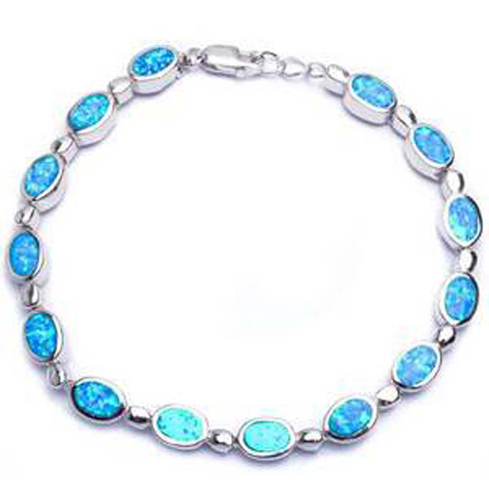 Sterling Silver Oval Blue Fire Opal BraceletAnd Length 7.75 Inches
