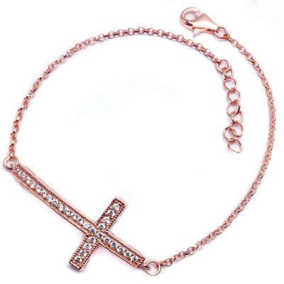 Sterling Silver Rose Gold Plated CZ Cross Bracelet 7.5 +1 Ext