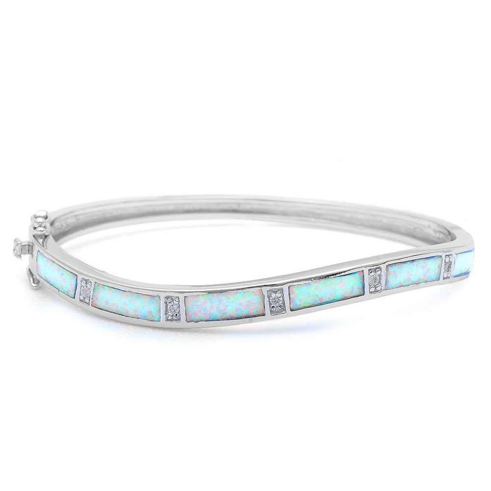 Sterling Silver White Opal Bangle Bracelets With CZ StonesAnd Width 5mmAnd Wrist Thickness 60mm