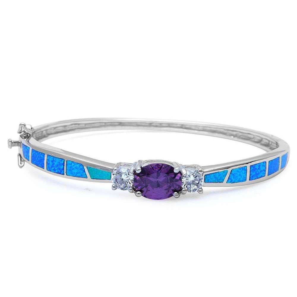 Sterling Silver Amethyst Blue Opal Bangle Bracelet With CZ StonesAnd Thickness 8mm