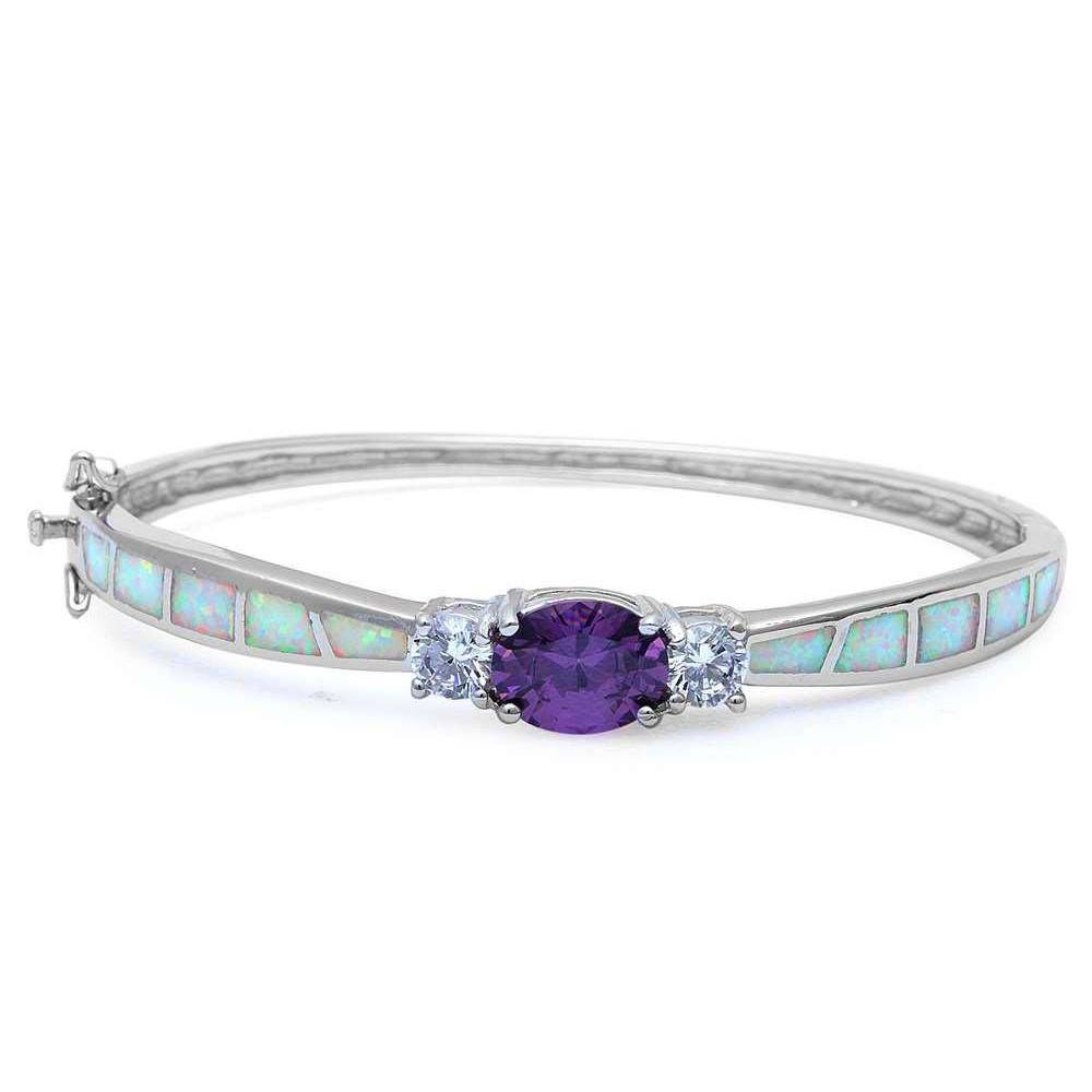 Sterling Silver Amethyst White Opal Bangle Bracelet With CZ StonesAnd Thickness 16.8mm