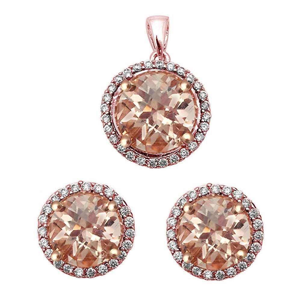 Sterling Silver Halo Simulated Morganite .925 Earrings And Pendant SetAnd Width 19.05mmAnd Thickness 12.7mm