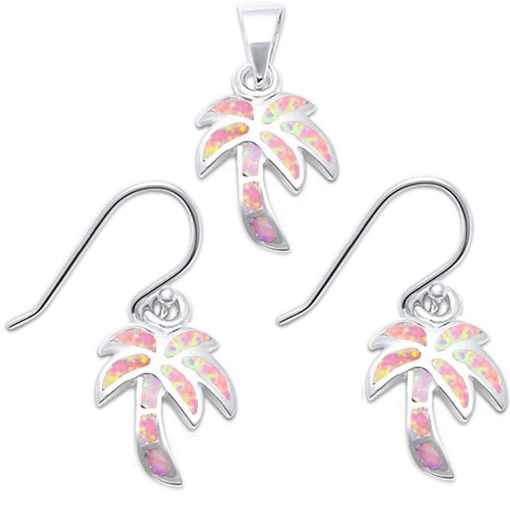 Sterling Silver Lab Created Pink Opal Palm Tree .925 Earrings And Pendant SetAnd Thickness 12.7mm