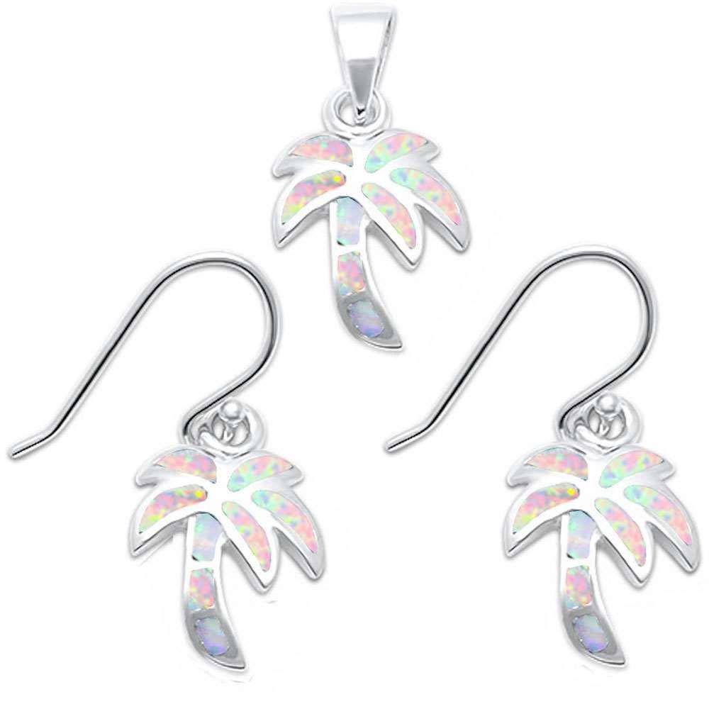 Sterling Silver Lab Created White Opal Palm Tree .925 Earrings And Pendant SetAnd Thickness 12.7mm