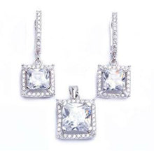 Load image into Gallery viewer, Sterling Silver Princess Cut Fine CZ  Earring And Pendant Jewelry SetAnd Pendant Length 75\&#39;\&#39; x .5\&#39;\&#39;And Stone Width 9x 9mm